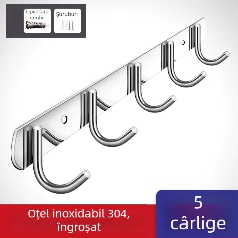 Cuier din oțel inoxidabil 304, fără găuri, pentru ușile bucătăriei și băii — montaj pe perete pentru depozitare și haine, stil simplu și modern, certificat CUPC