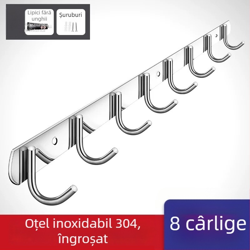 Cuier din oțel inoxidabil 304, fără găuri, pentru ușile bucătăriei și băii — montaj pe perete pentru depozitare și haine, stil simplu și modern, certificat CUPC