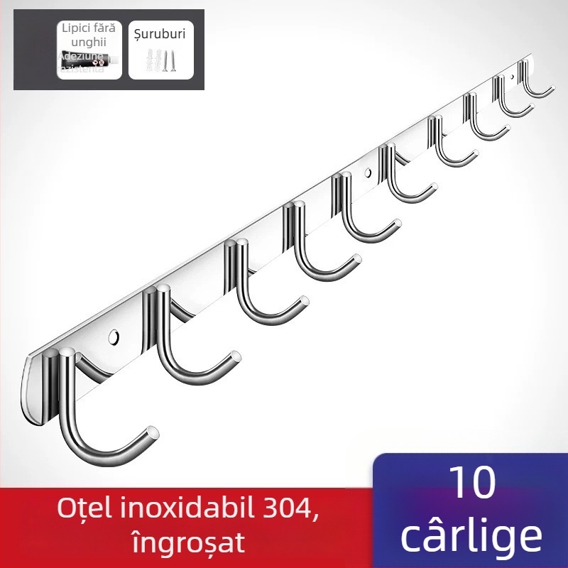 Cuier din oțel inoxidabil 304, fără găuri, pentru ușile bucătăriei și băii — montaj pe perete pentru depozitare și haine, stil simplu și modern, certificat CUPC