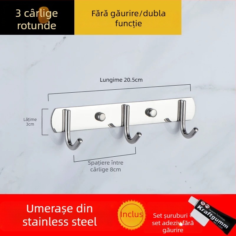 Cuier din oțel inoxidabil 304, fără găuri, pentru ușile bucătăriei și băii — montaj pe perete pentru depozitare și haine, stil simplu și modern, certificat CUPC