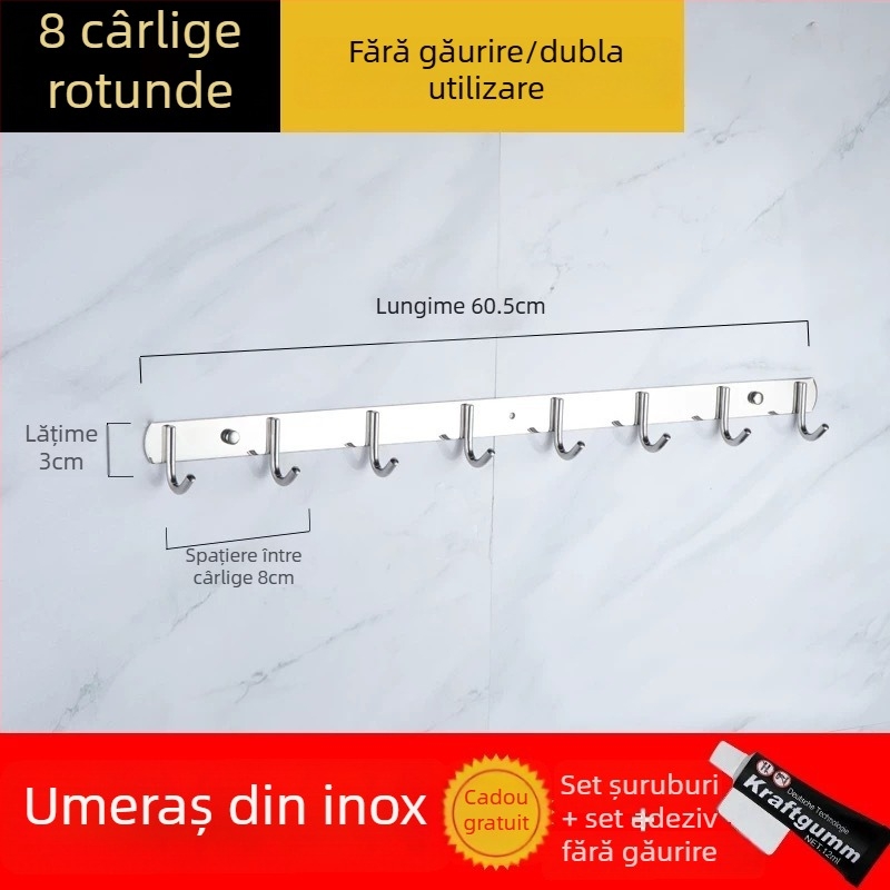 Cuier din oțel inoxidabil 304, fără găuri, pentru ușile bucătăriei și băii — montaj pe perete pentru depozitare și haine, stil simplu și modern, certificat CUPC