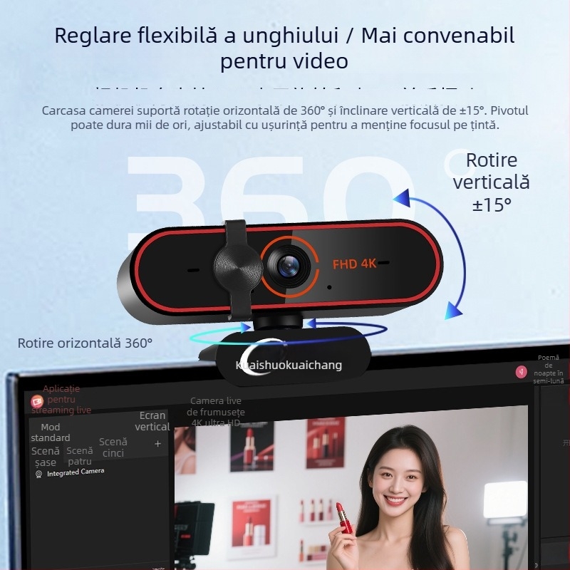 Cameră live 4K USB 2.0 Plug-and-Play, autofocus, microfon încorporat, 60FPS