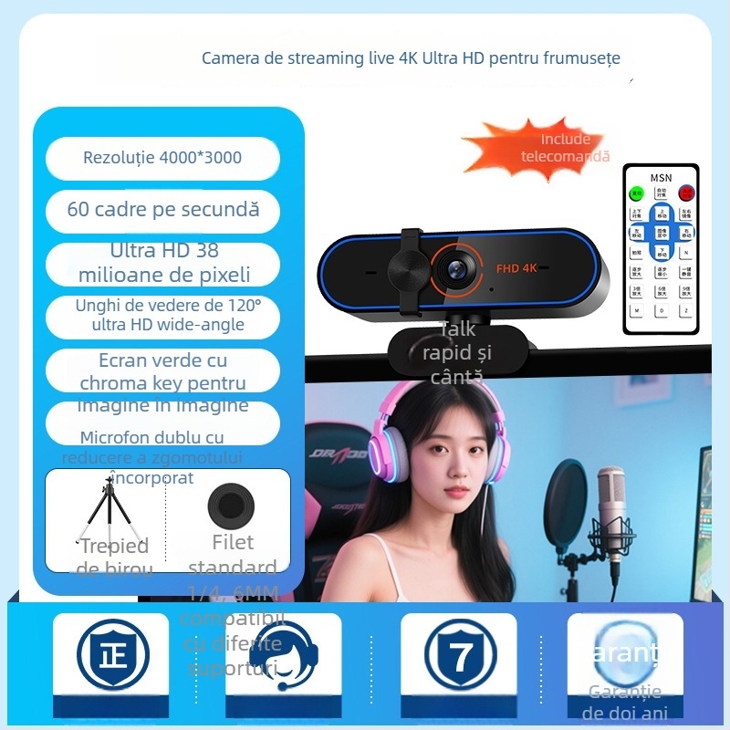Cameră live 4K USB 2.0 Plug-and-Play, autofocus, microfon încorporat, 60FPS