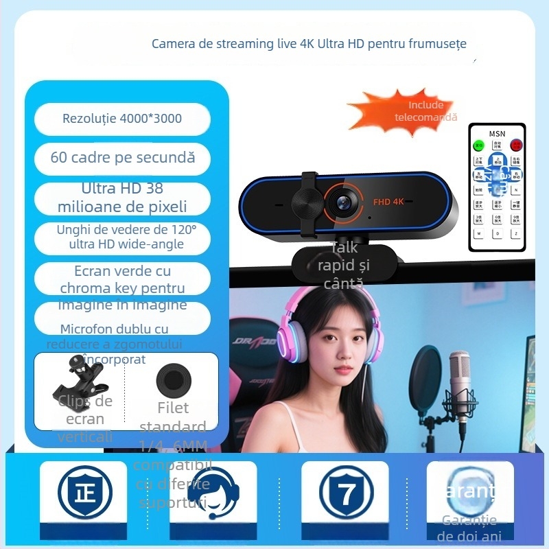Cameră live 4K USB 2.0 Plug-and-Play, autofocus, microfon încorporat, 60FPS