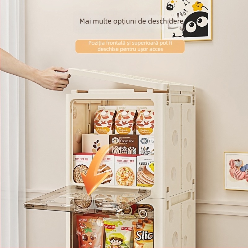 Cutie pliabilă de depozitare din PP pentru haine, cu roți, capacitate 50–60 L, capac cu clapetă, model desen animat