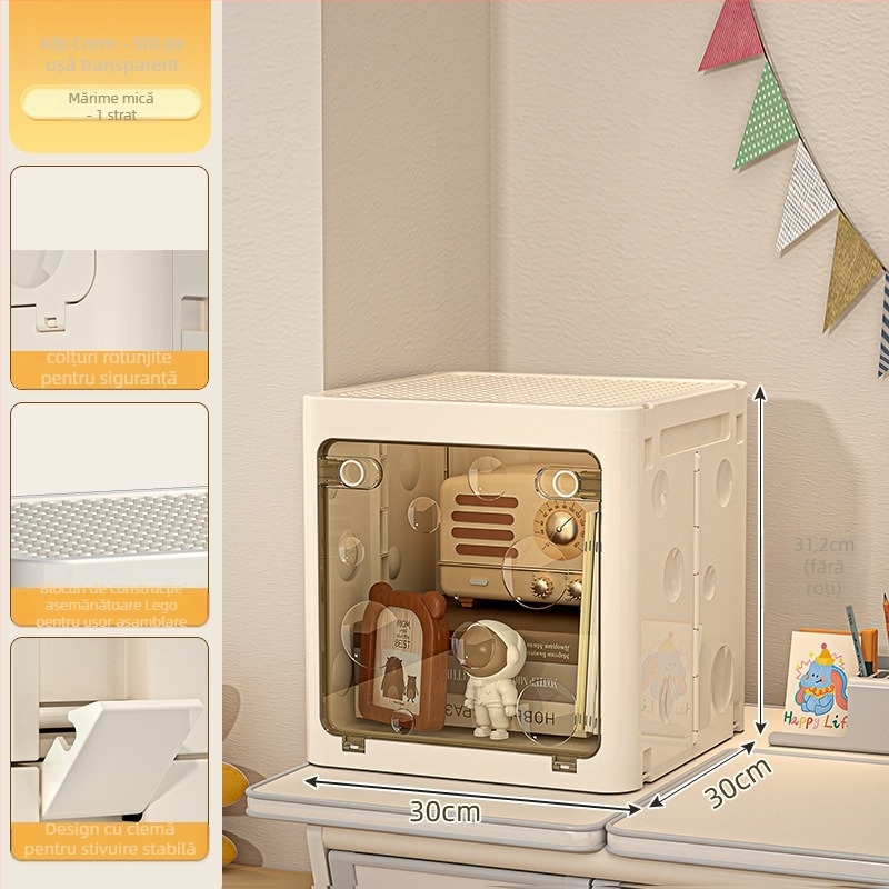 Cutie pliabilă de depozitare din PP pentru haine, cu roți, capacitate 50–60 L, capac cu clapetă, model desen animat