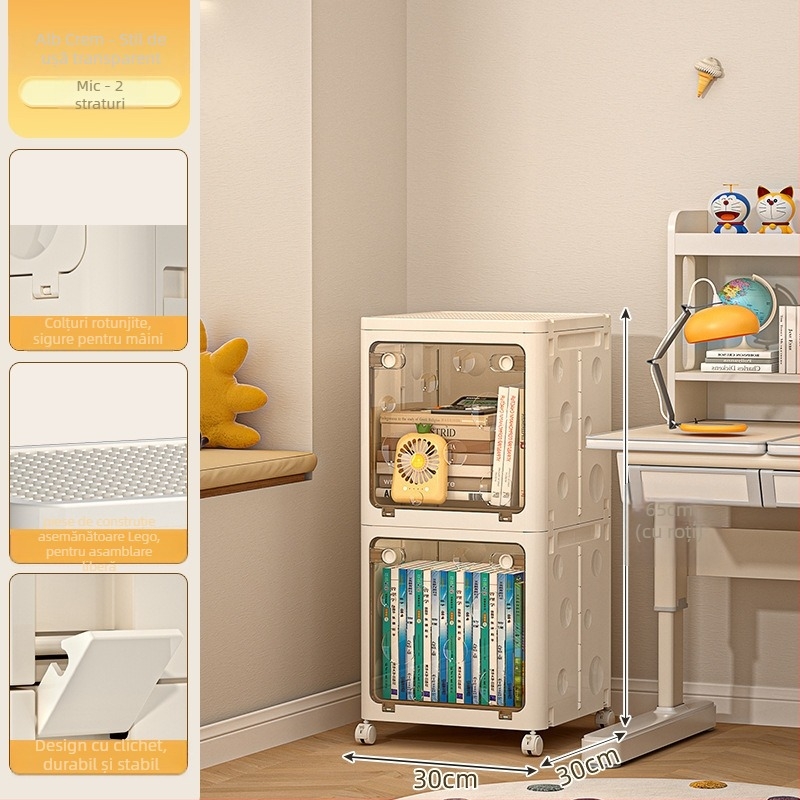 Cutie pliabilă de depozitare din PP pentru haine, cu roți, capacitate 50–60 L, capac cu clapetă, model desen animat