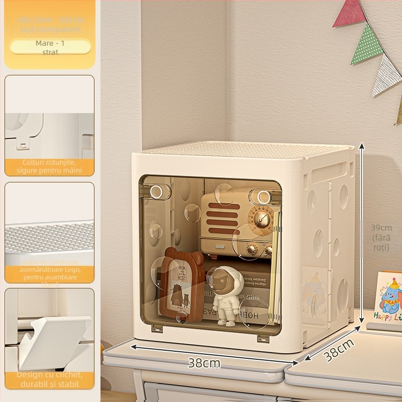 Cutie pliabilă de depozitare din PP pentru haine, cu roți, capacitate 50–60 L, capac cu clapetă, model desen animat