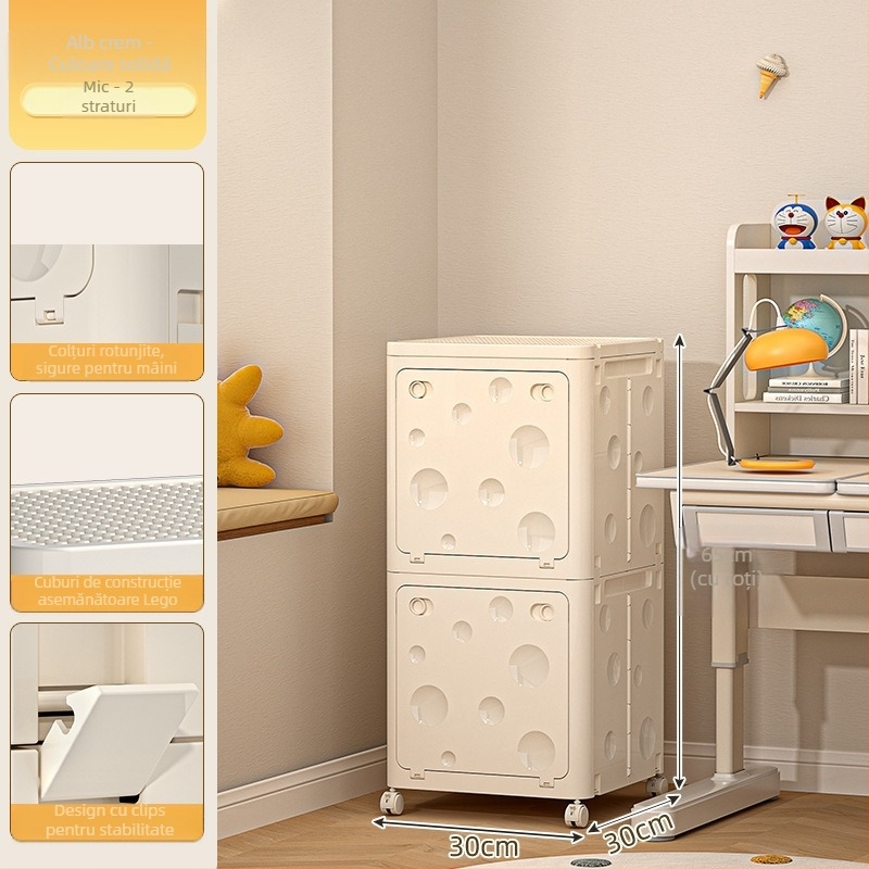 Cutie pliabilă de depozitare din PP pentru haine, cu roți, capacitate 50–60 L, capac cu clapetă, model desen animat