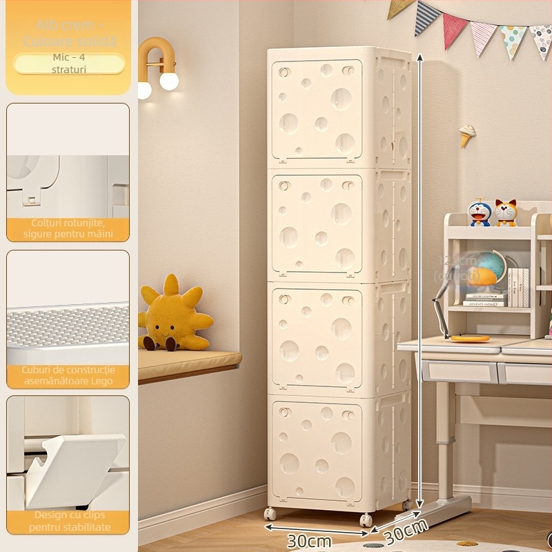 Cutie pliabilă de depozitare din PP pentru haine, cu roți, capacitate 50–60 L, capac cu clapetă, model desen animat