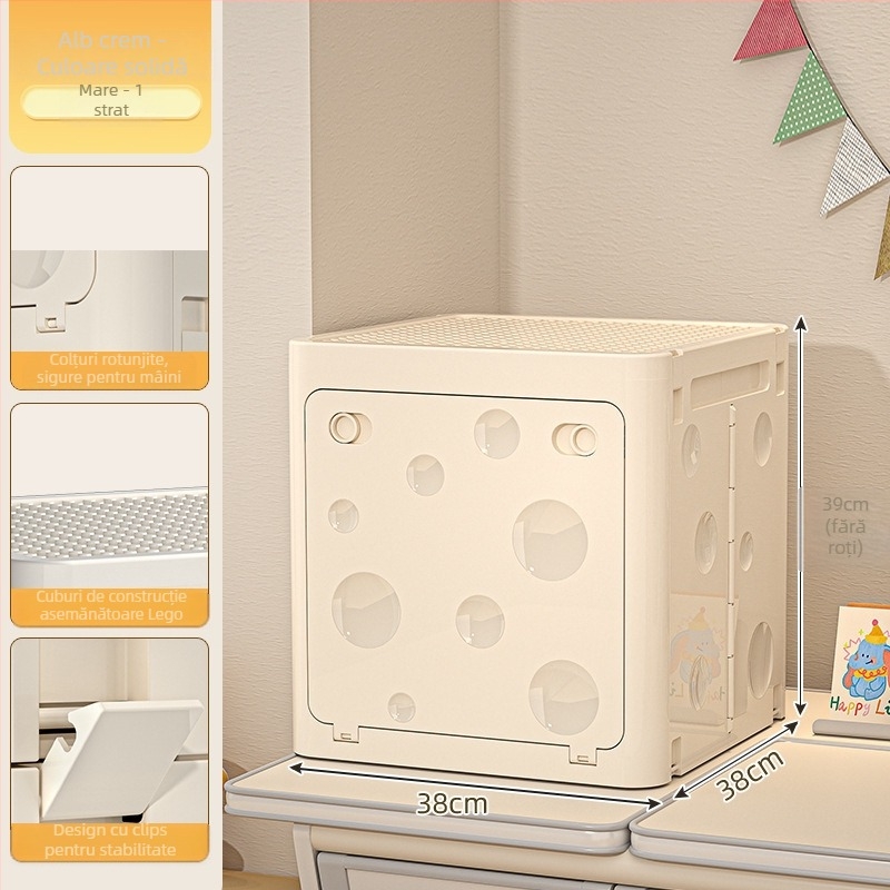 Cutie pliabilă de depozitare din PP pentru haine, cu roți, capacitate 50–60 L, capac cu clapetă, model desen animat