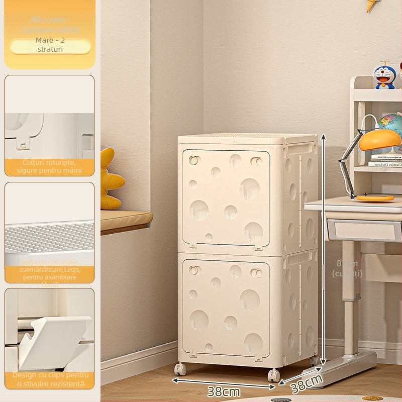 Cutie pliabilă de depozitare din PP pentru haine, cu roți, capacitate 50–60 L, capac cu clapetă, model desen animat