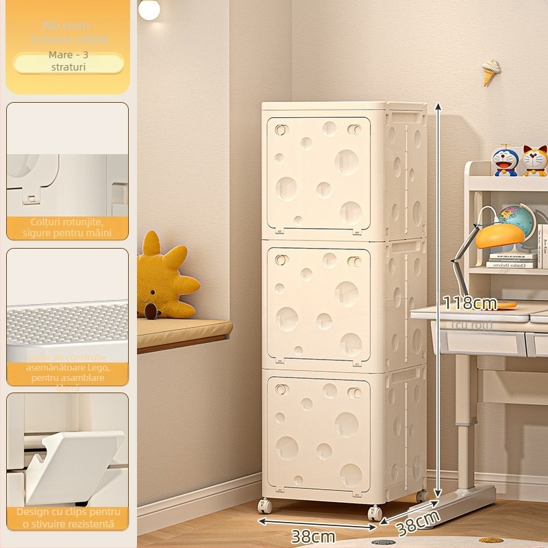 Cutie pliabilă de depozitare din PP pentru haine, cu roți, capacitate 50–60 L, capac cu clapetă, model desen animat