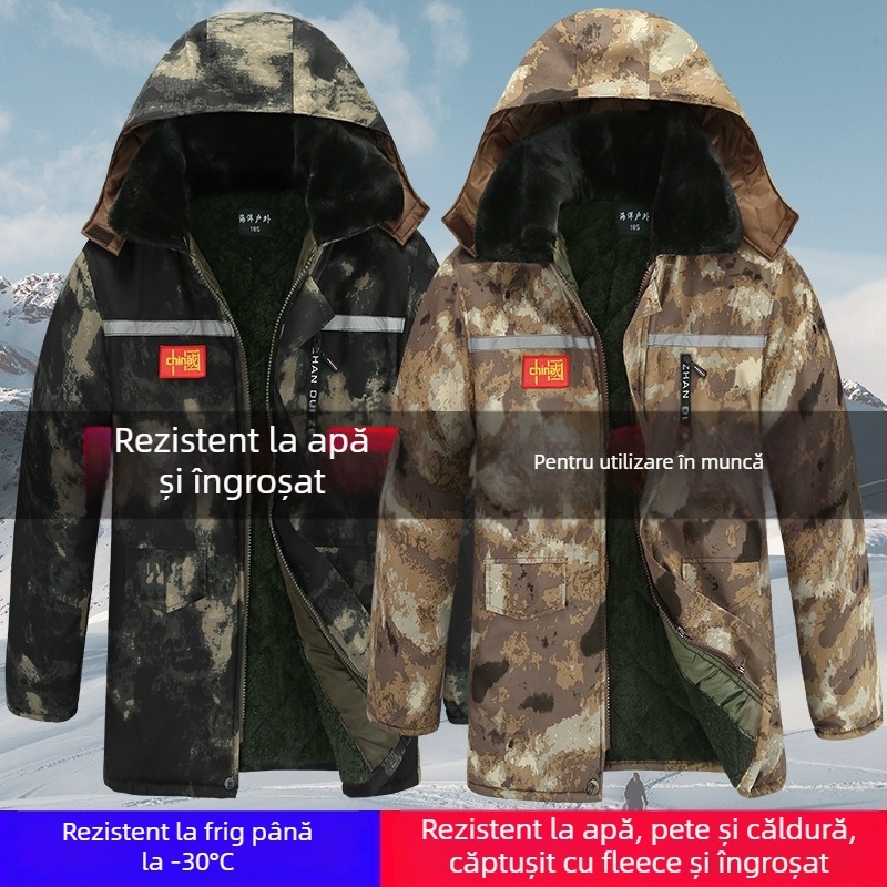Palton bărbătesc din bumbac, camuflaj, căptușit fleece, impermeabil, rezistent la vânt, lungime medie