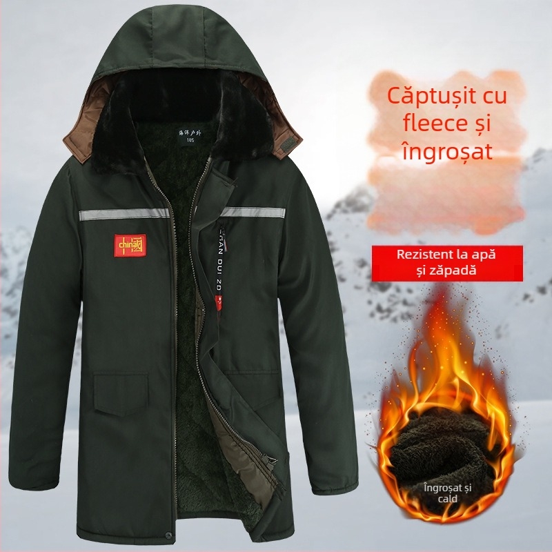 Palton bărbătesc din bumbac, camuflaj, căptușit fleece, impermeabil, rezistent la vânt, lungime medie