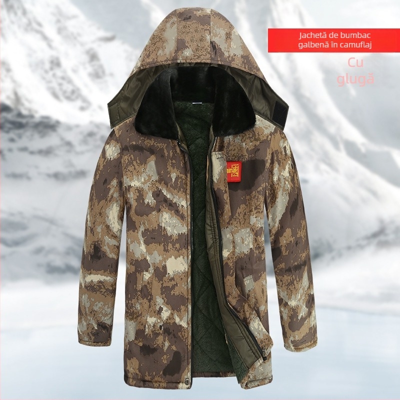 Palton bărbătesc din bumbac, camuflaj, căptușit fleece, impermeabil, rezistent la vânt, lungime medie