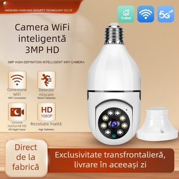 Cameră wireless în stil bec, 1080p, obiectiv 3,6 mm, viziune IR nocturnă până la 20 m, alimentare 110-240V