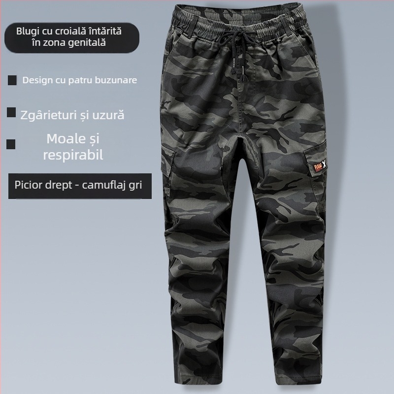 Pantaloni de lucru din bumbac, talie elastică, respirabili, pentru atelier de producție, cu buzunare multiple, primăvară–toamnă