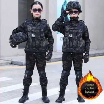 Set camuflaj pentru copii — trening de iarnă cu fleece, stil militar, pentru copii 8 ani și peste, țesătură moale Vinylon