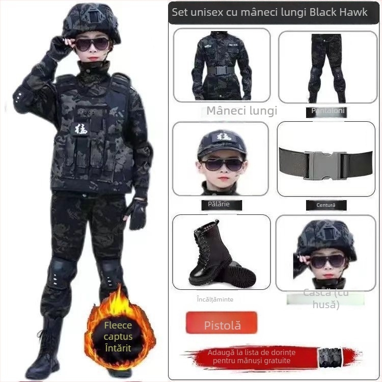 Set camuflaj pentru copii — trening de iarnă cu fleece, stil militar, pentru copii 8 ani și peste, țesătură moale Vinylon