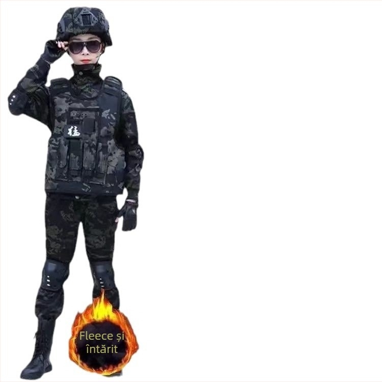 Set camuflaj pentru copii — trening de iarnă cu fleece, stil militar, pentru copii 8 ani și peste, țesătură moale Vinylon