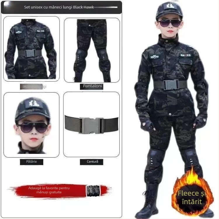 Set camuflaj pentru copii — trening de iarnă cu fleece, stil militar, pentru copii 8 ani și peste, țesătură moale Vinylon