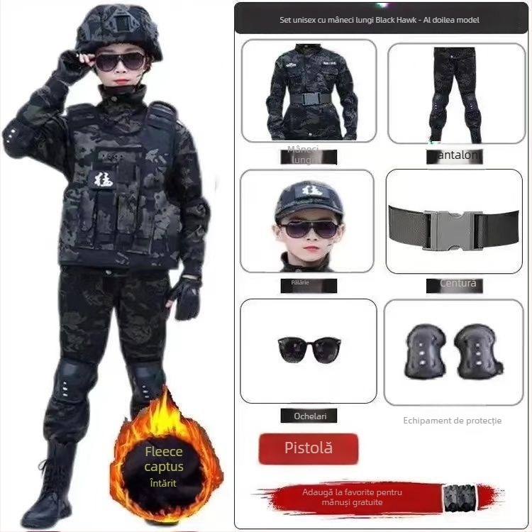 Set camuflaj pentru copii — trening de iarnă cu fleece, stil militar, pentru copii 8 ani și peste, țesătură moale Vinylon
