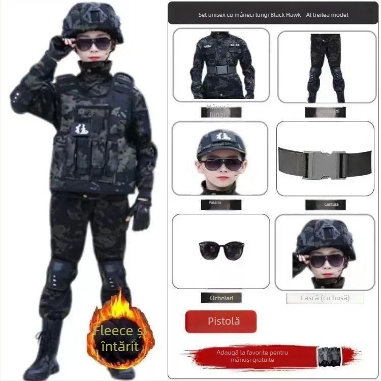 Set camuflaj pentru copii — trening de iarnă cu fleece, stil militar, pentru copii 8 ani și peste, țesătură moale Vinylon