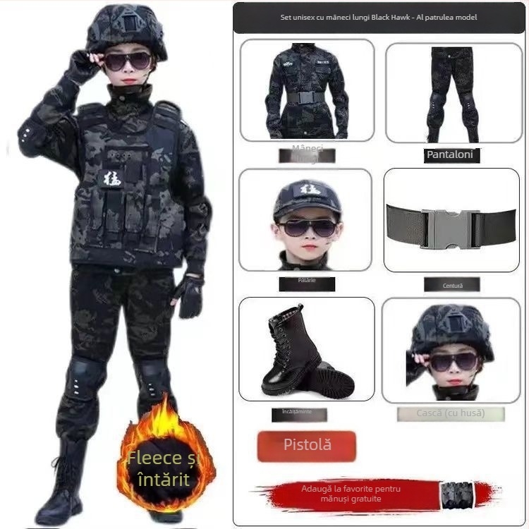 Set camuflaj pentru copii — trening de iarnă cu fleece, stil militar, pentru copii 8 ani și peste, țesătură moale Vinylon