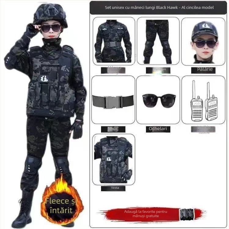 Set camuflaj pentru copii — trening de iarnă cu fleece, stil militar, pentru copii 8 ani și peste, țesătură moale Vinylon