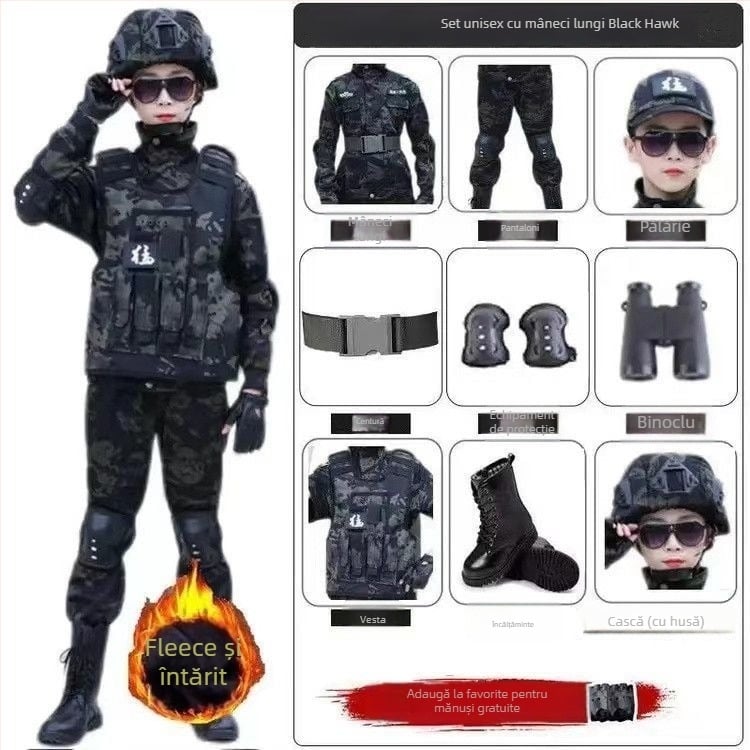 Set camuflaj pentru copii — trening de iarnă cu fleece, stil militar, pentru copii 8 ani și peste, țesătură moale Vinylon