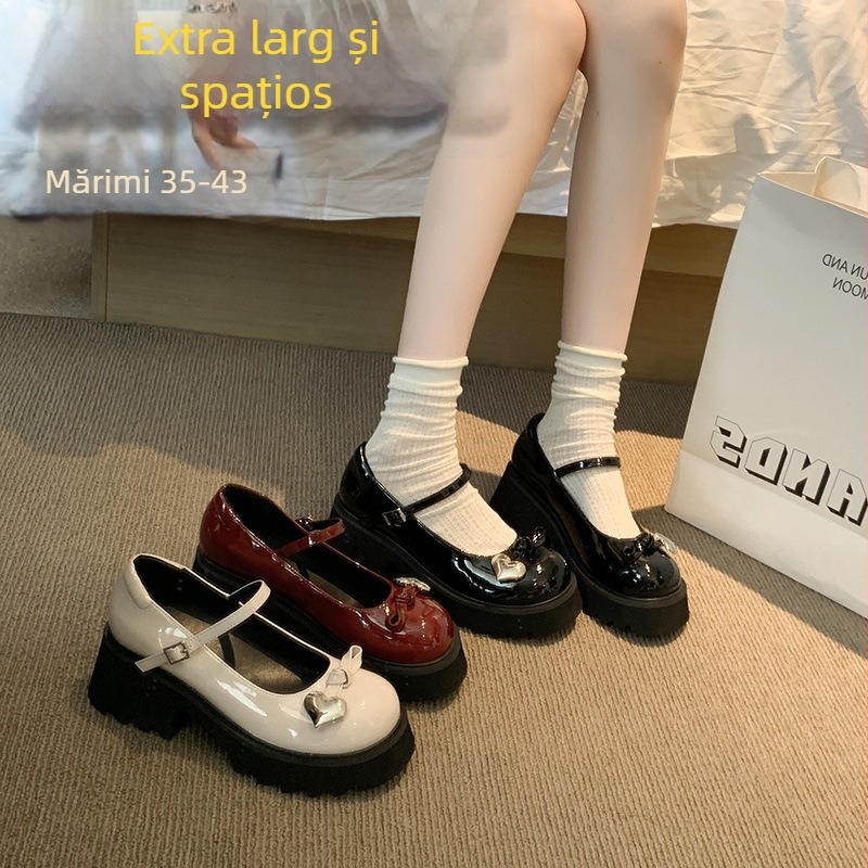 Pantofi Mary Jane pentru femei, cu vârf rotund, toc gros de 6-8 cm, partea superioară din Super Fiber, talpă din cauciuc