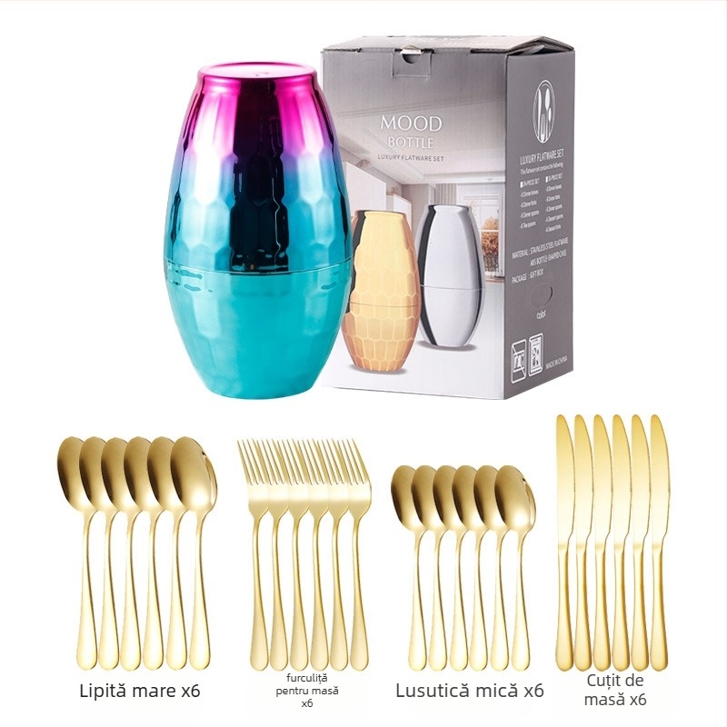 Set tacâmuri din oțel inoxidabil 24 piese cu cuțit, furculiță și lingură – oțel inoxidabil 410, finisaj cu roată de cânepă, stil modern simplu