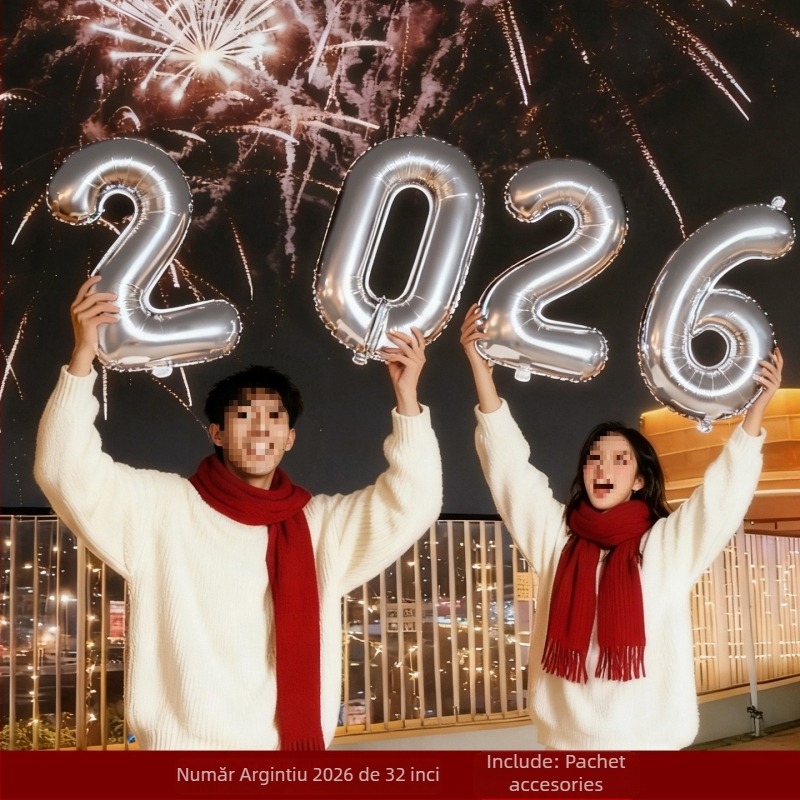 Prop foto de mână pentru Anul Nou, cu flori de satin — decor scenă cu baloane pentru atmosfera de Anul Nou