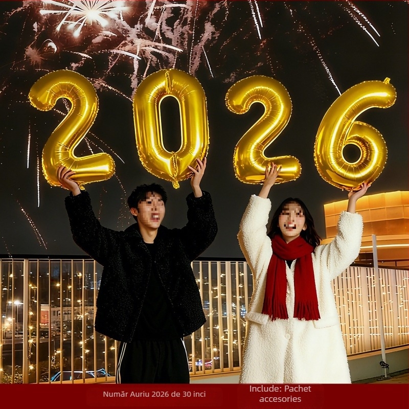 Prop foto de mână pentru Anul Nou, cu flori de satin — decor scenă cu baloane pentru atmosfera de Anul Nou