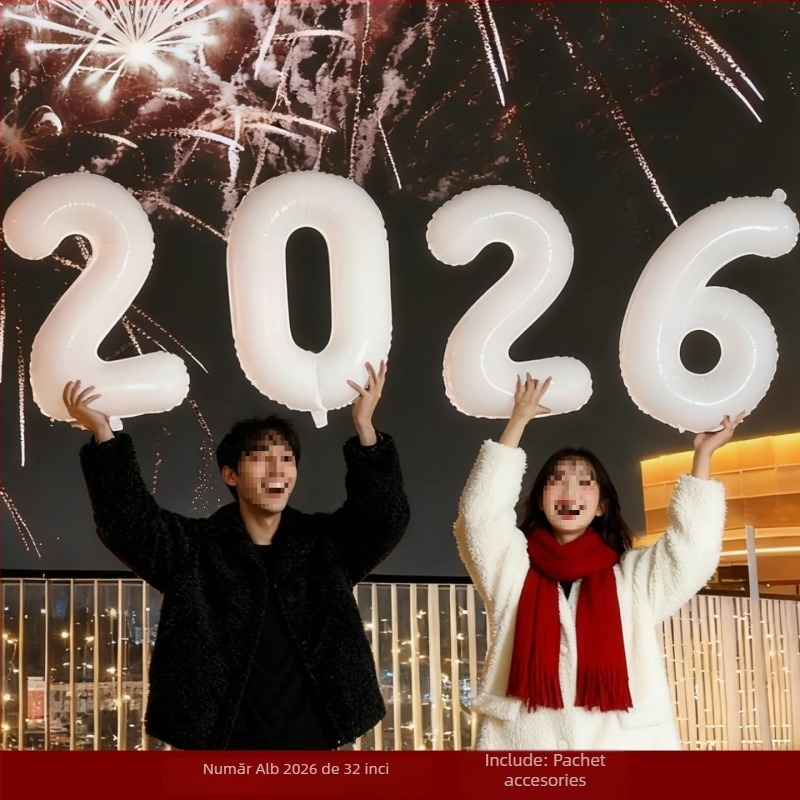 Prop foto de mână pentru Anul Nou, cu flori de satin — decor scenă cu baloane pentru atmosfera de Anul Nou