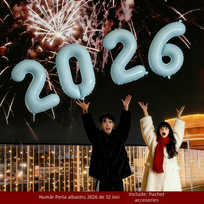 Prop foto de mână pentru Anul Nou, cu flori de satin — decor scenă cu baloane pentru atmosfera de Anul Nou