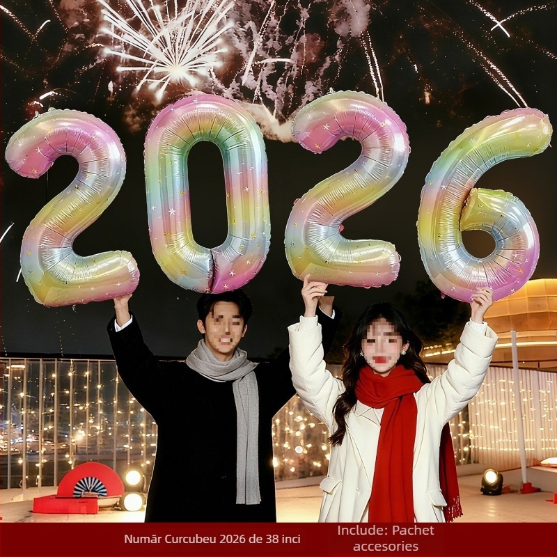 Prop foto de mână pentru Anul Nou, cu flori de satin — decor scenă cu baloane pentru atmosfera de Anul Nou