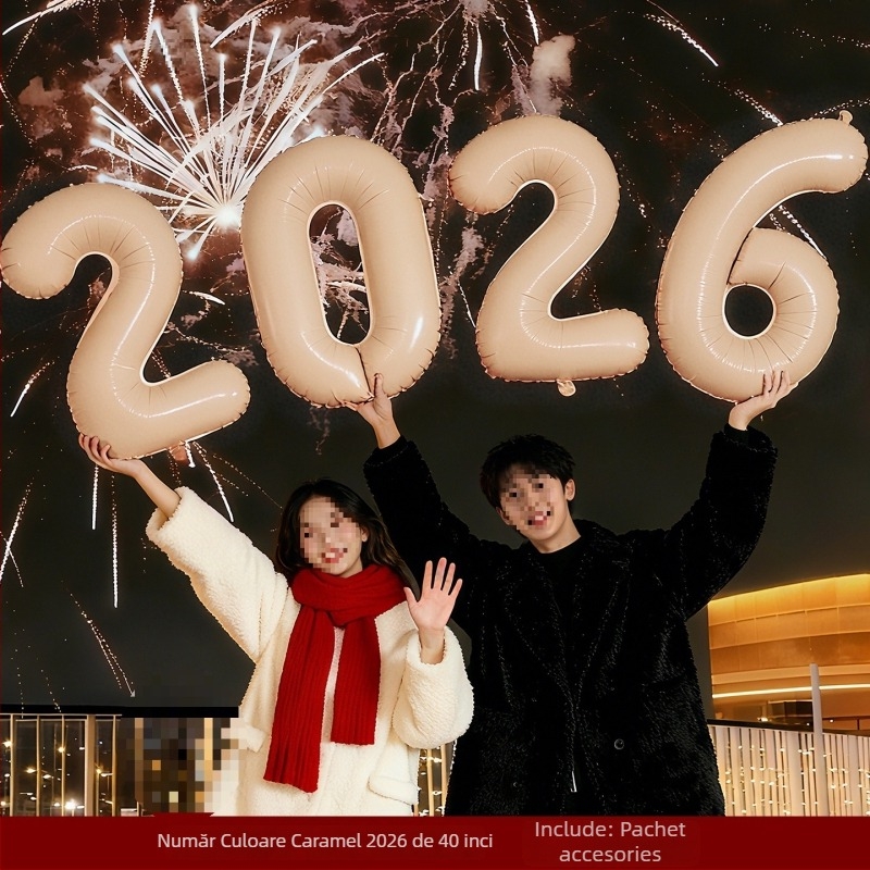 Prop foto de mână pentru Anul Nou, cu flori de satin — decor scenă cu baloane pentru atmosfera de Anul Nou