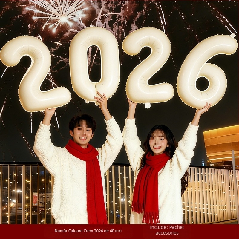 Prop foto de mână pentru Anul Nou, cu flori de satin — decor scenă cu baloane pentru atmosfera de Anul Nou