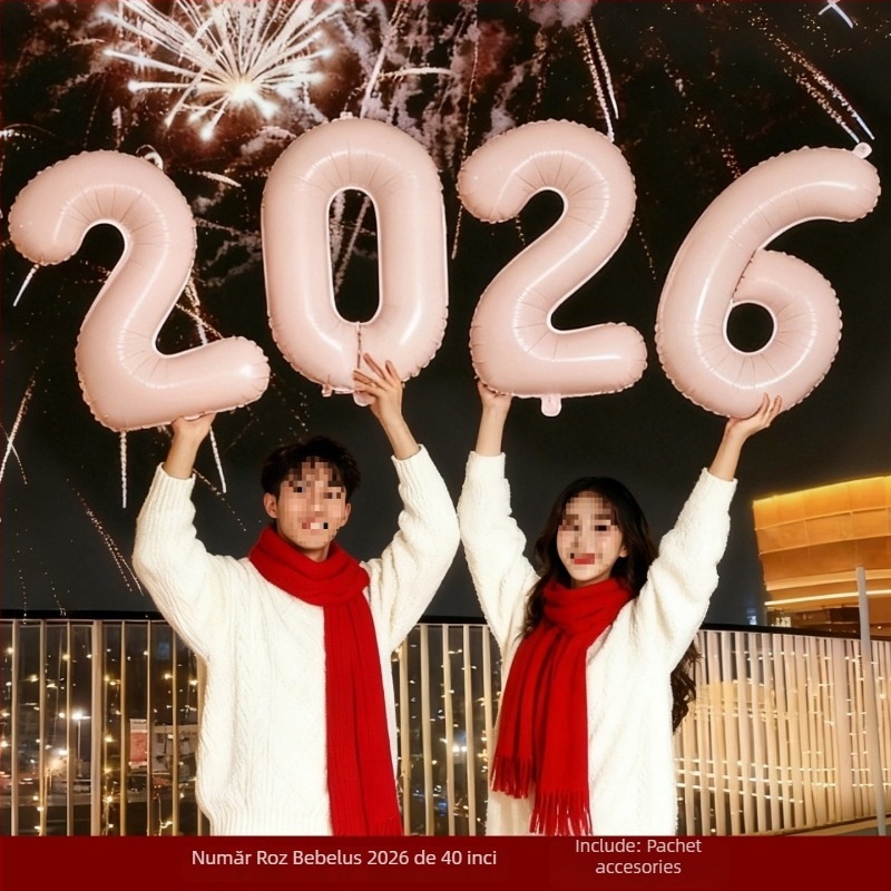 Prop foto de mână pentru Anul Nou, cu flori de satin — decor scenă cu baloane pentru atmosfera de Anul Nou