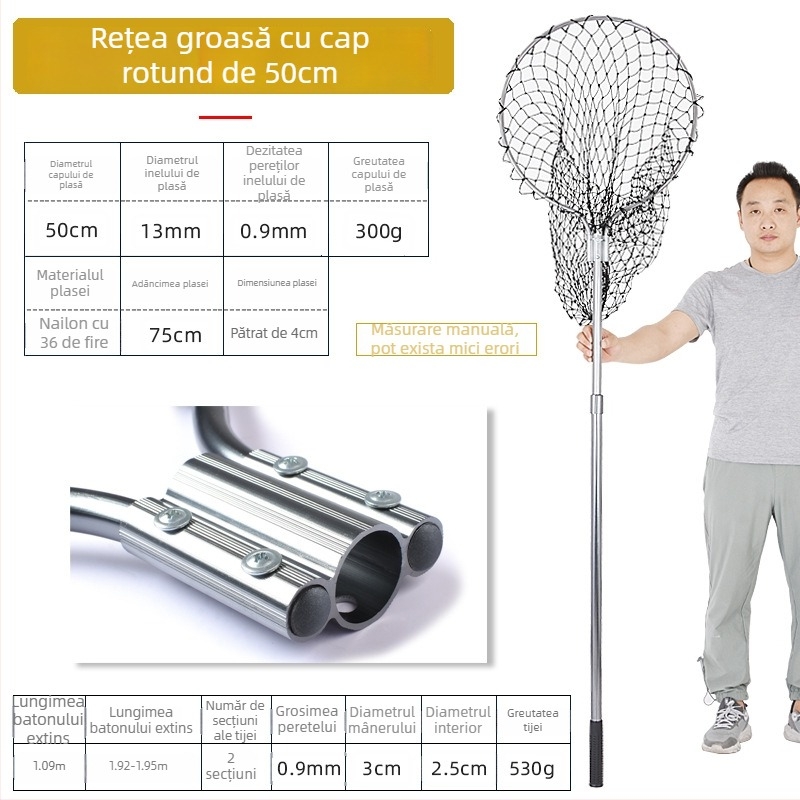 Landing net mare din aliaj de aluminiu, plasă cu ochiuri dense, cap Ø50/60/70 cm, adâncime plasă 75–115 cm, ochiuri groase, încărcare 1,0–15 kg