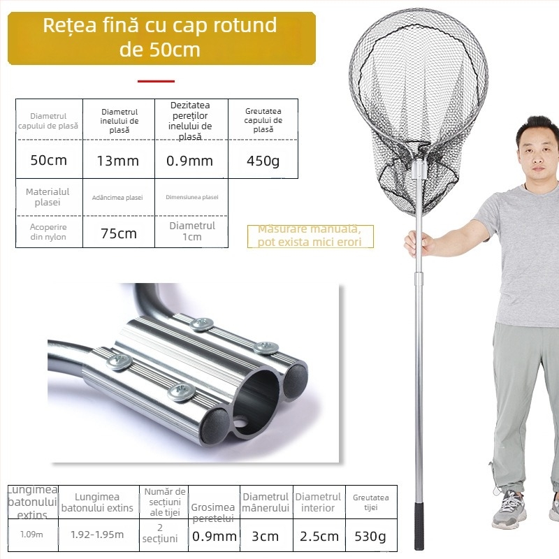 Landing net mare din aliaj de aluminiu, plasă cu ochiuri dense, cap Ø50/60/70 cm, adâncime plasă 75–115 cm, ochiuri groase, încărcare 1,0–15 kg