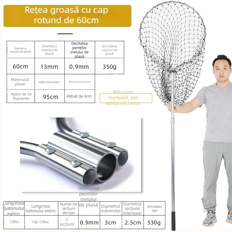 Landing net mare din aliaj de aluminiu, plasă cu ochiuri dense, cap Ø50/60/70 cm, adâncime plasă 75–115 cm, ochiuri groase, încărcare 1,0–15 kg