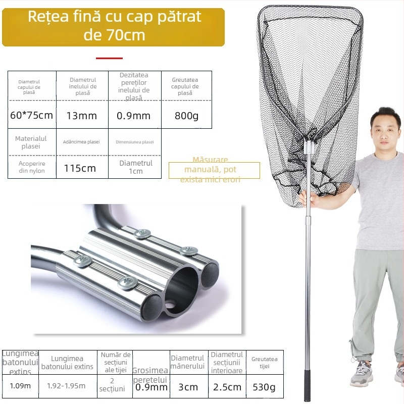 Landing net mare din aliaj de aluminiu, plasă cu ochiuri dense, cap Ø50/60/70 cm, adâncime plasă 75–115 cm, ochiuri groase, încărcare 1,0–15 kg