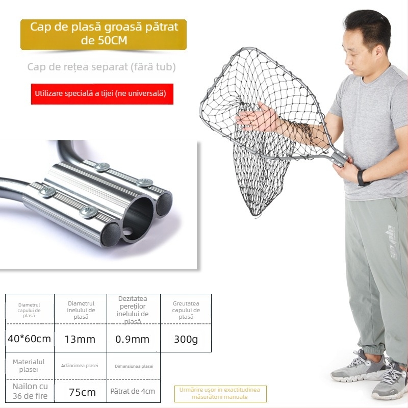 Landing net mare din aliaj de aluminiu, plasă cu ochiuri dense, cap Ø50/60/70 cm, adâncime plasă 75–115 cm, ochiuri groase, încărcare 1,0–15 kg