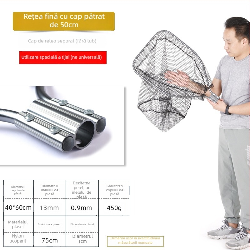 Landing net mare din aliaj de aluminiu, plasă cu ochiuri dense, cap Ø50/60/70 cm, adâncime plasă 75–115 cm, ochiuri groase, încărcare 1,0–15 kg