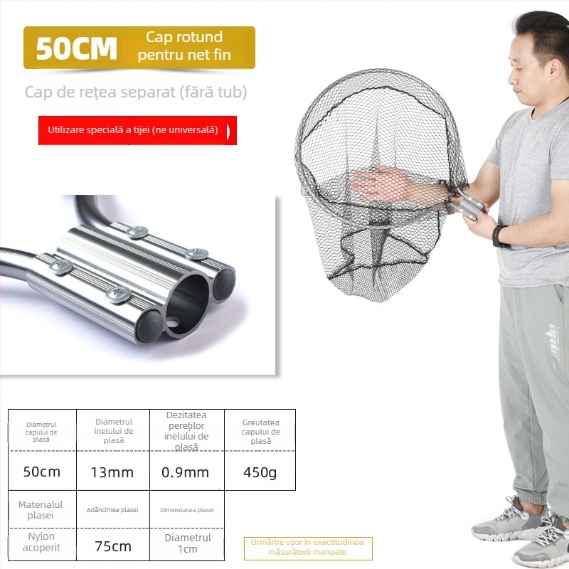 Landing net mare din aliaj de aluminiu, plasă cu ochiuri dense, cap Ø50/60/70 cm, adâncime plasă 75–115 cm, ochiuri groase, încărcare 1,0–15 kg