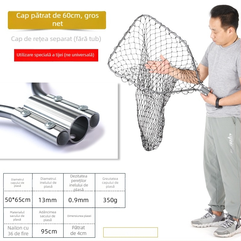 Landing net mare din aliaj de aluminiu, plasă cu ochiuri dense, cap Ø50/60/70 cm, adâncime plasă 75–115 cm, ochiuri groase, încărcare 1,0–15 kg