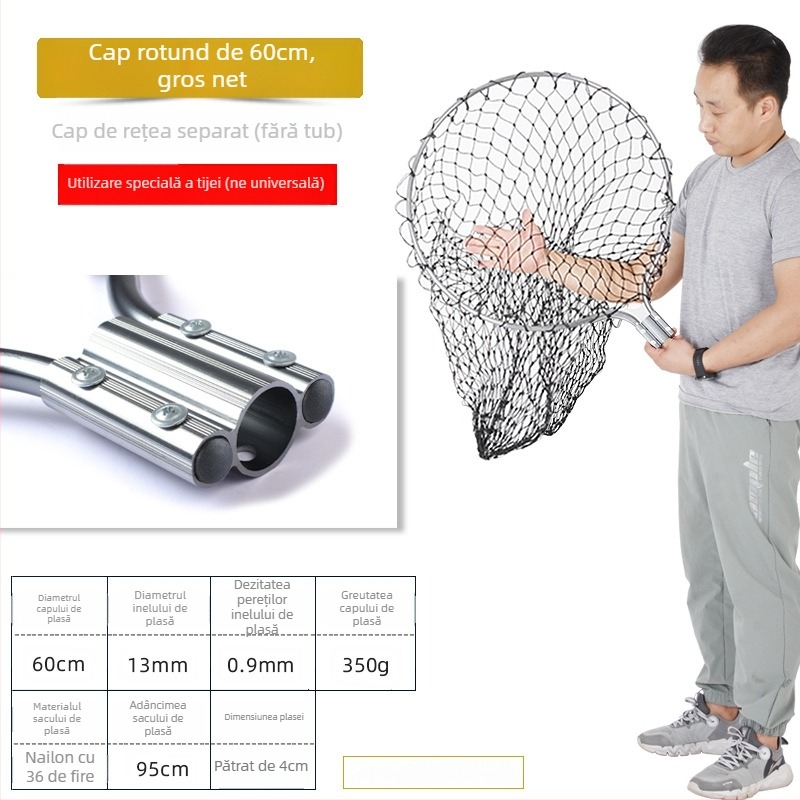 Landing net mare din aliaj de aluminiu, plasă cu ochiuri dense, cap Ø50/60/70 cm, adâncime plasă 75–115 cm, ochiuri groase, încărcare 1,0–15 kg